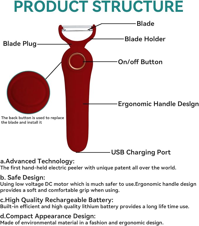 3-in-1 Electric Peeler | Auto Blade for Fruits/Vegetables | 3 Interchangeable Blades | Type-C Charging,Battery Capacity 1500 mAh | Kitchen, Travel, Camping