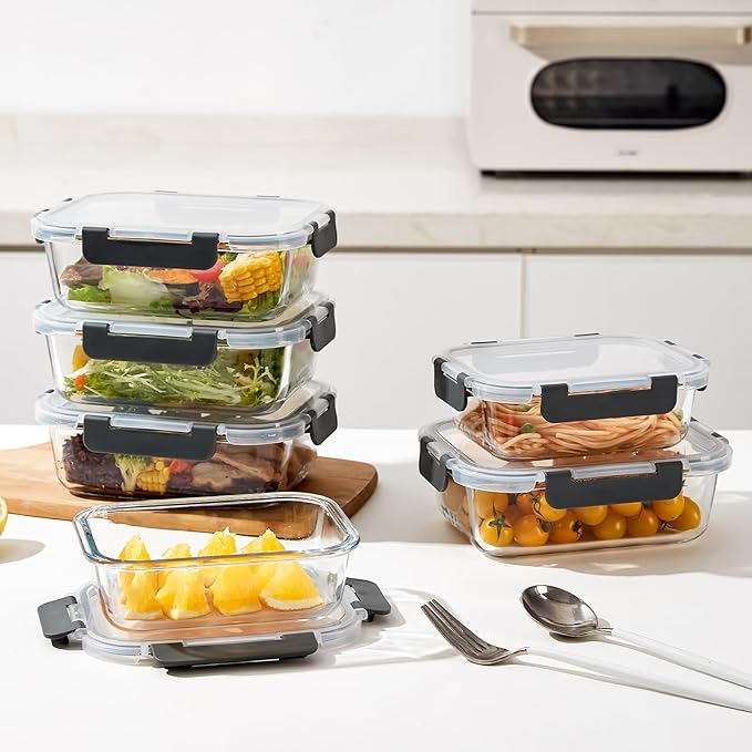 24 Pieces Glass Meal Prep Containers, Glass Food Storage Containers with Lids, Reusable Airtight Leakproof Lunch Bento Boxes Freezer, Microwave Oven and Dishwasher, Gray