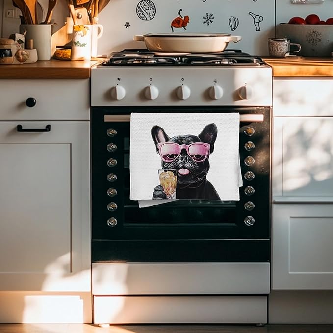 Cabana Bro Funny Cocktail Black French Bulldog Kitchen Towels, Gifts for French Bulldog Lovers, Frenchie Gifts Dish Tea Hand Towels for Kitchen Bar Cart Decor, Bar Towel for Bartender, 16x24 Inches