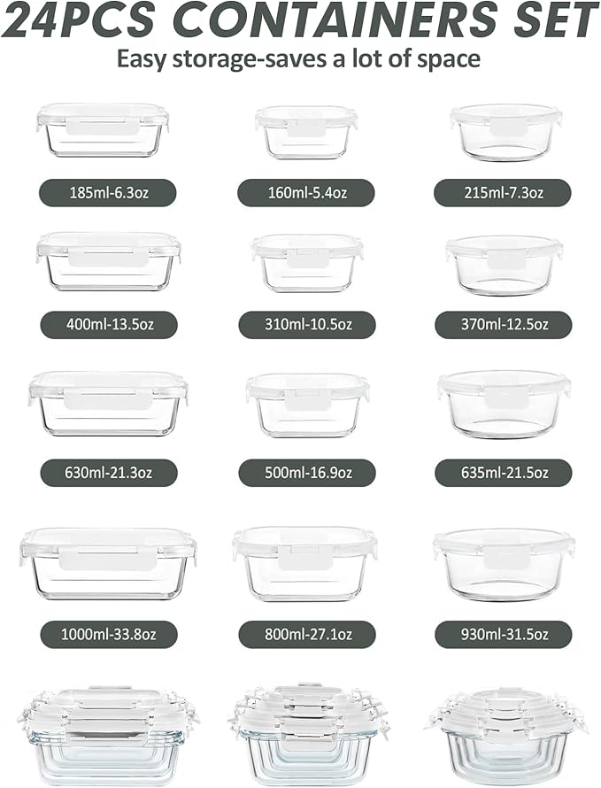 VERONES 12 Packs Glass Food Storage Containers Set, Airtight Glass Lunch Containers, Glass Meal Prep Containers with Lids,Exclusive of BPA, for Microwave, Oven, Freezer & Dishwasher Friendly,White