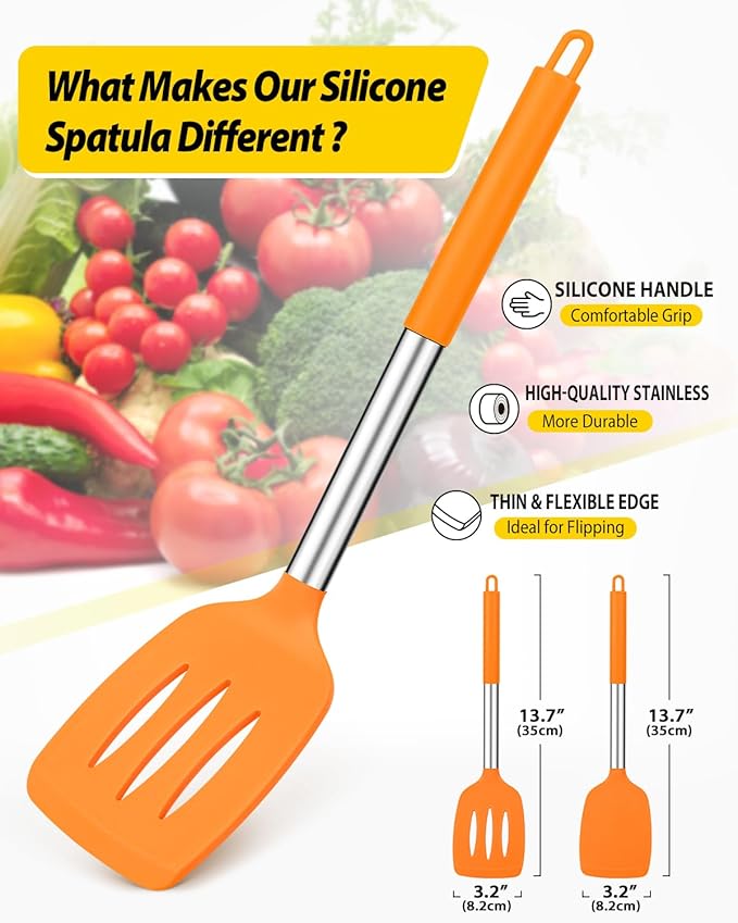 Pack of 2 Silicone Solid Turner, Non Stick Slotted Kitchen Spatulas, High Heat Resistant BPA Free Cooking Utensils, Ideal Cookware for Fish, Eggs, Pancakes (ORANGE)