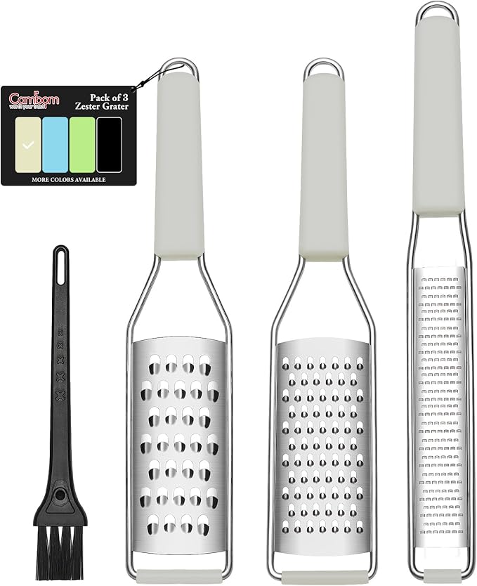 Cambom Lemon Zester Grater Three-piece Suit - Heavy Duty Kitchen Tool for Parmesan Cheese, Ginger, Garlic, Nutmeg, Chocolate, Vegetables，Fruits，Stainless Steel Grater Dishwasher Safe Clear