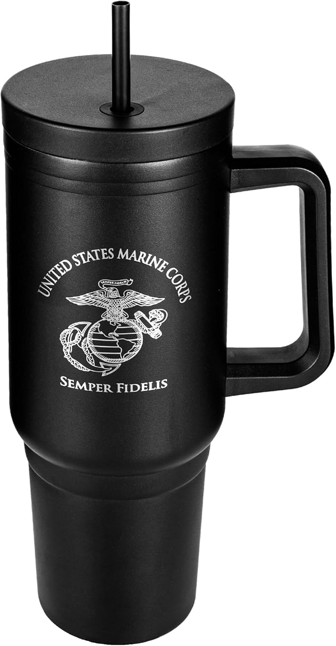 40oz Insulated Marine Corps Tumbler with Handle, Lid & Straw - USMC Gifts - Use for Water, Tea, Coffee & More-Disabled USMC Vet | USMC 40oz Tumbler
