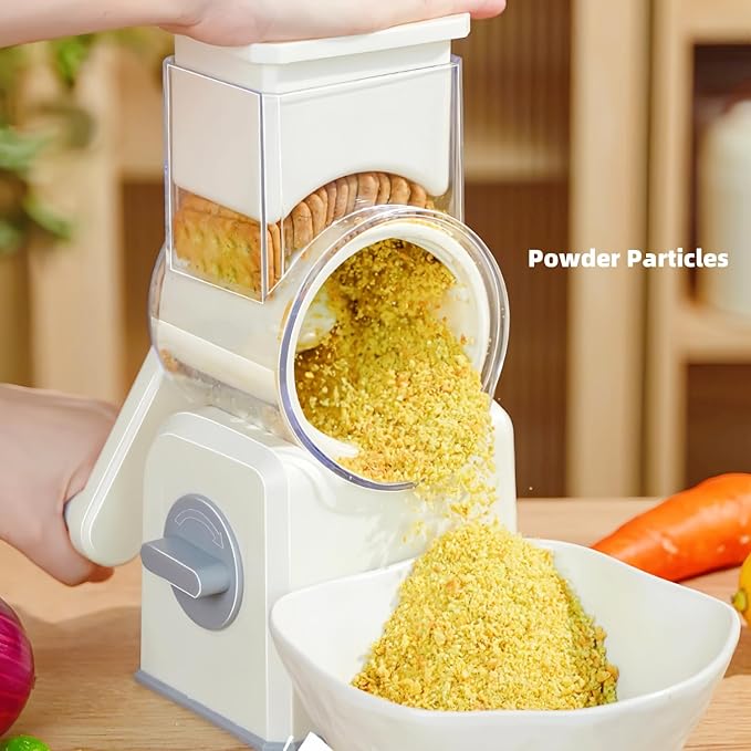 Rotary Cheese Grater with Handle,Replaceable Stainless Blades Cheese Shredder,Multi-Functional Cheese Vegetable Slicer with Storage Box,Easy to Clean Kitchen Gadgets with Storage Box (Beige, 5 Blades)