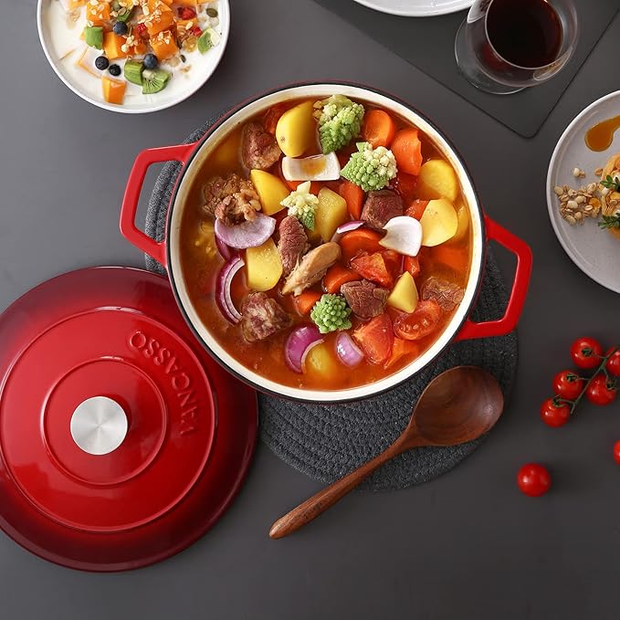 vancasso Enameled Cast Iron Dutch Oven, 7.5 QT Dutch Oven Pot with Lid, Round Enamel Dutch Oven for Bread Baking, Non Stick Enamel Coating, Pot's Body Cast Iron, Red