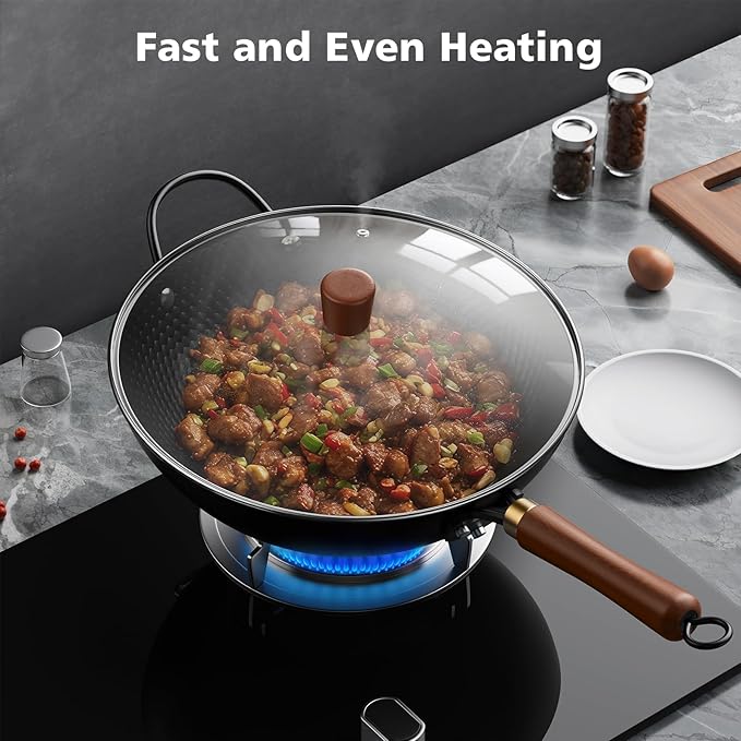 Nonstick Wok, 13-Inch Carbon Steel Wok Pan with Glass Cover, Woks & Stir-Fry Pans for Induction, Electric, Gas, Halogen, All Stoves