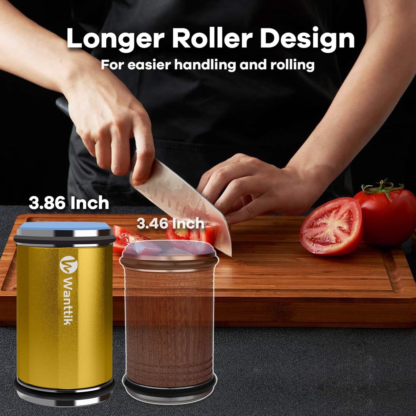 Rolling Knife Sharpener Kit, Upgraded Roller Knife Sharpener with Leather Strop for Kitchen Knives, 4-Disc Rolling Stone Sharpener with 15&18&20&22 Degree Sharpening, Gold