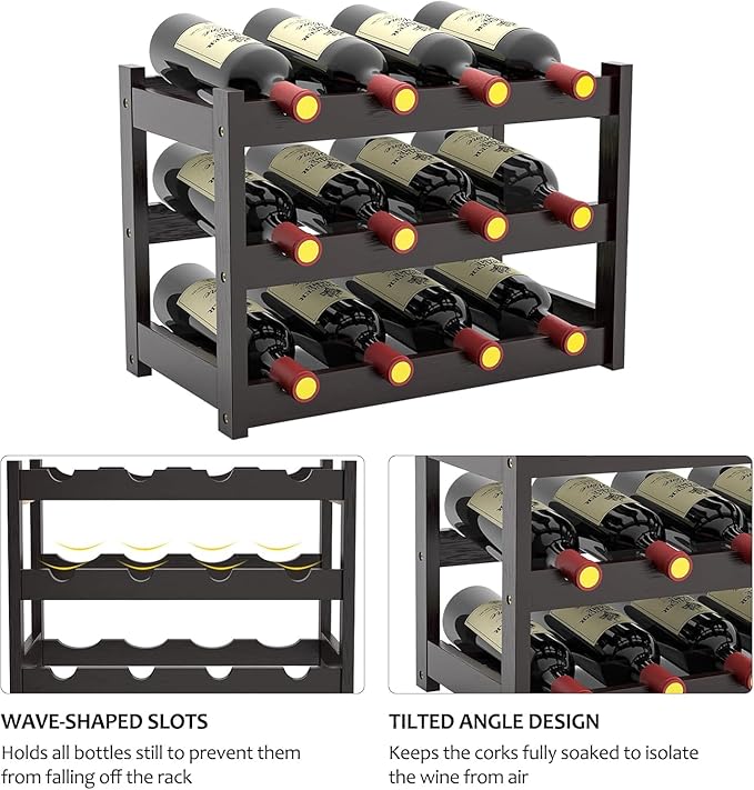 Bamboo Wine Rack Countertop, 3-Tier 12 Bottles Wine Storage Shelf for Kitchen Pantry Cabinet - Dark Brown