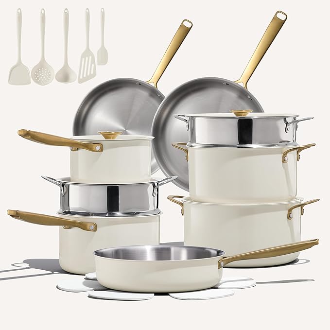 CAROTE 24pcs Tri-Ply Stainless Steel Cookware Set, Pots and Pans Set, Non Toxic Induction Kitchen Cooking Sets, Cookware Collection, Outer Ceramic Layer, Cream White