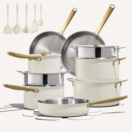 CAROTE 24pcs Tri-Ply Stainless Steel Cookware Set, Pots and Pans Set, Non Toxic Induction Kitchen Cooking Sets, Cookware Collection, Outer Ceramic Layer, Cream White