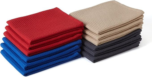Encasa XO Kitchen Dish Towels Set | Multicolor | Waffle Weave and Flat Hand Tea Towel | 28"x18" | Quick Drying Reusable Cotton Washcloths | Multipurpose Lightweight Dishcloths Set of 12