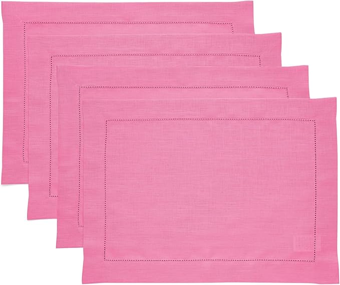 Solino Home Linen Placemats Set of 4 - Classic Hemstitch Flamingo Pink Placemats 14 x 19 Inch - 100% Pure Linen Table Mats