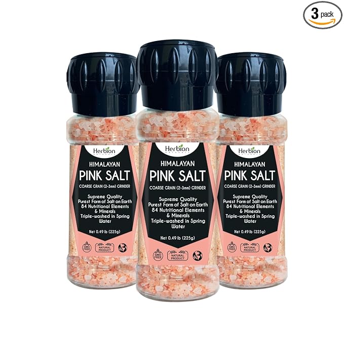 Herbion Naturals Himalayan Pink Salt Grinder Coarse Grain, 100% Pure with 84 Minerals for Seasoning, Refillable, Organic, All-Natural Salt, Triple-Washed in Spring Water, Vegan, Kosher Certified, Pack of 3