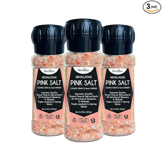 Herbion Naturals Himalayan Pink Salt Grinder Coarse Grain, 100% Pure with 84 Minerals for Seasoning, Refillable, Organic, All-Natural Salt, Triple-Washed in Spring Water, Vegan, Kosher Certified, Pack of 3