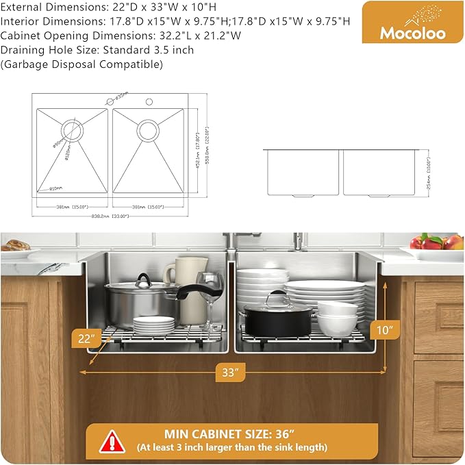 Mocoloo 33 Drop In Kitchen Sink Double Bowl 33 x 22 Drop Sink Double Bowl 50/50 T304 Stainless Steel 16 Gauge Topmount Handmade, 10 Inch Deep