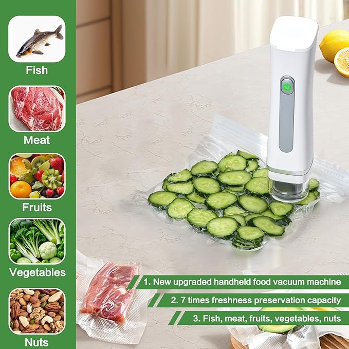 Vacuum Sealer For Food,Powerful Handheld Vacuum Sealer Machine With 30 Reusable Vacuum Bags,Portable Food Sealer,Automatic Power Off White