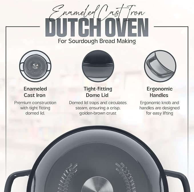 Enameled Cast Iron Dutch Oven Pot with Lid - Dutch Oven for Sourdough Bread Baking - With 5 Blade Bread Lame & Non-Stick Silicone Sling perfect for Sourdough Breads & more. Cast Iton Enamel Braiser Pan with Lid (GREY, 6 Quart Sourdough Pot)