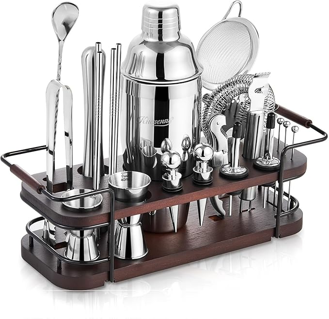 KITESSENSU Cocktail Shaker Set Bartender Kit with Stand | Complete 24-Piece Bar Set Cocktail Kit with All Bar Accessories: Martini Shaker, Jigger, Muddler | Drink Mixer Set for Home Bar Cocktails