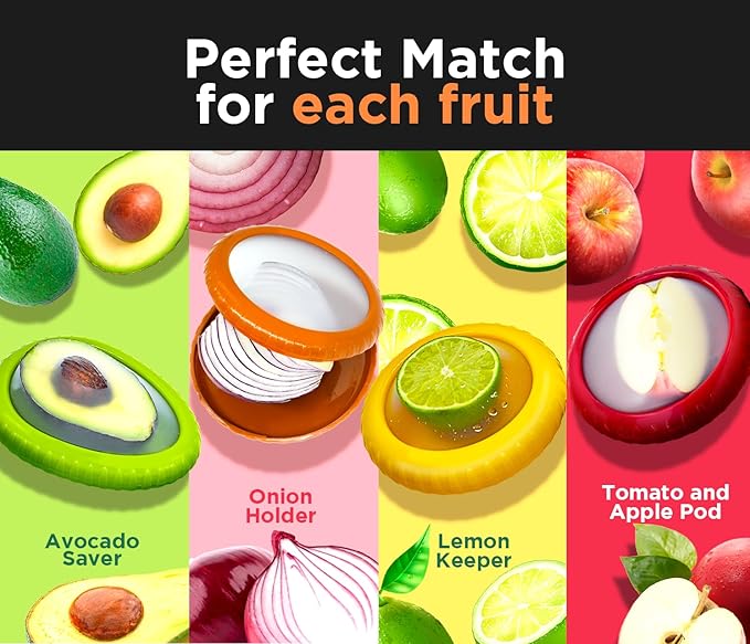 Avocado Saver & Onion Storage –Set of 4 BPA Free Silicone Food Storage Containers – Reusable Fruit and Veggie Savers, Fresh Pods for Food – Perfect for Tomato Holder, Garlic, Lemon & More