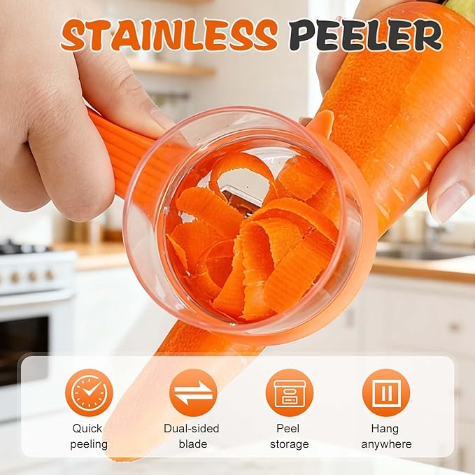 2026 New Kitchen Special Fruit Peeler with Box Storage, Upgrade Vegetable Peeler with Catcher Peeler with Storage Bucket, Double-Sided Stainless Steel Multi-Function Peelers (Orange+Blue)