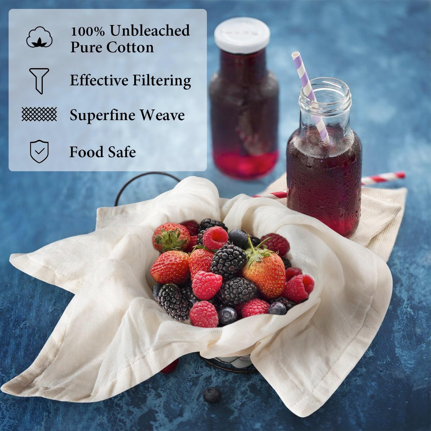 eFond Cheese Cloths | 12-Pack, 20x20Inch Squares with Hemmed Edges | Grade 100 Ultra Fine Reusable Cheesecloth for Straining | Unbleached Cotton Muslin Cloths | For Nut Milk, Butter, Baking & Cooking