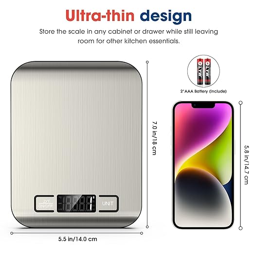 Mik-Nana Food Scale, 22lb Digital Kitchen Scale Weight Grams and Ounces for Baking Cooking Coffee Package Postage, 6 Units with Tare Function, LCD Display, Easy Clean Stainless Steel