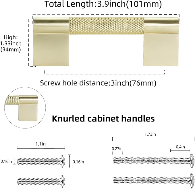 10 Pack 3 inch(76mm) Brushed Brass Kitchen Cabinet Handles Knurled Cabinet Pulls Gold Drawer Pulls Kitchen Hardware