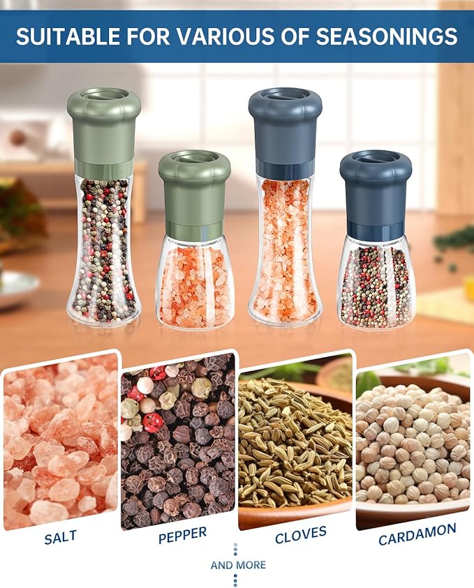 CIRCLE JOY Manual Salt and Pepper Grinder Set For Professional Chef, Refillable Salt and Pepper Shakers with Ceramic Blades, Adjustable Coarseness and BPA-free 180ml Glass Container, Short Blue