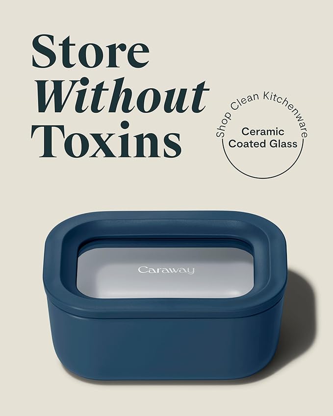 Caraway Mini Rectangle Food Storage Container - 2.6 Cup Glass Storage Container for Food - Non-Toxic Ceramic-Coated Glass - Air Release Technology - Compact & Stackable Design - Navy