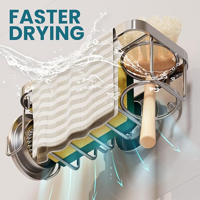 TAILI 4-in-1 Rustproof Sink Caddy & Sponge Holder with Removable Strong Suction Cup for Kitchen Sink - Silver