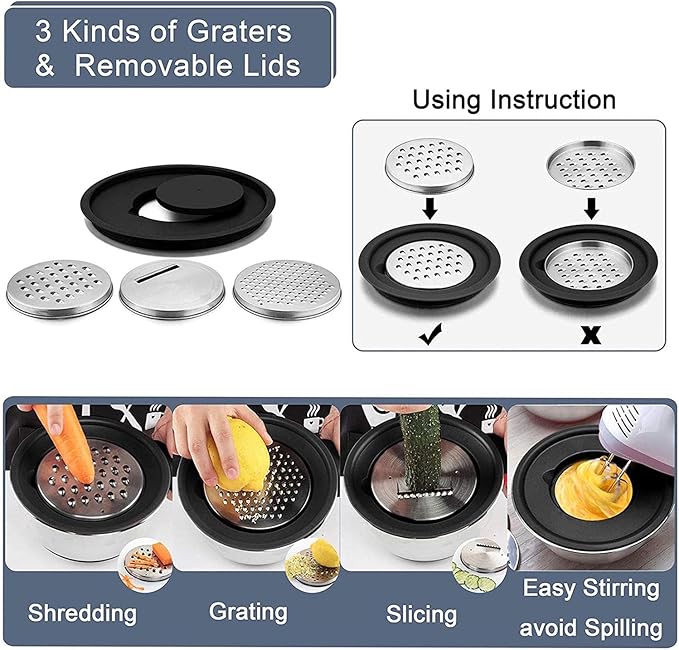 HAPPY KIT 18/8 Mixing Bowls with Lids Set of 2,Stainless Steel Mixing Bowl with Pour Spout, Non-slip Handle and Bottoms, 3 Grater Attachments, Measurement Marks & Lid, Size 5, 3QT(Red)