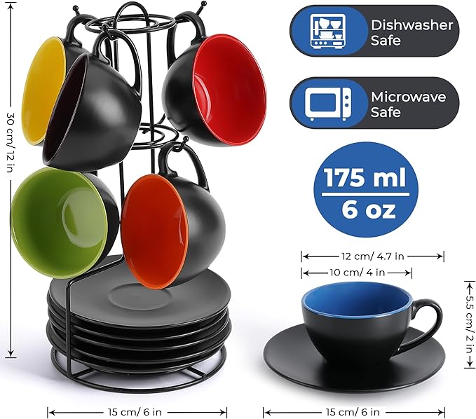 MIAMIO - Set of 6, Ceramic Stackable Cappuccino Cups Set / 6 Ounce Cappuccino Mugs and Saucer with Metal Stand for Coffee Drinks, Cafe, Latte, Americano and Tea - Le Papillon Collection (Mixed)