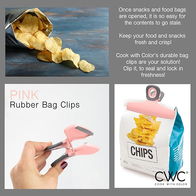 COOK WITH COLOR Food Clips - Wide Heavy Duty Chip Clips, Large Bag Clips for Food Storage with Air Tight Seal Grip, Pack of 8, Pink