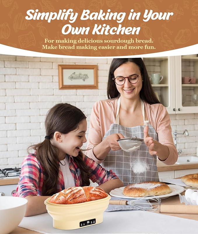 HK Heating Sourdough Banneton Bread Proofing Basket Kit with Timer & 6 Temp Settings, 2L Foldable Silicone Dough Proofing Box Electric Sourdough Starter Warmer Set for Dough Rising, Starter Baking Kit