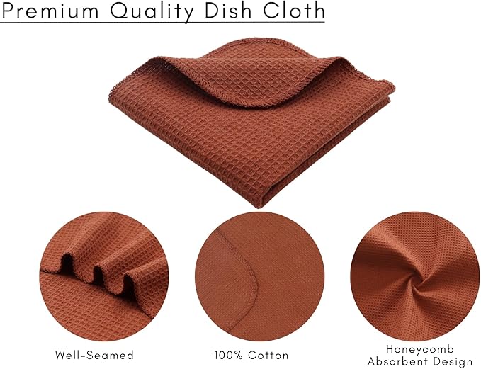 PurpleEssences Rust Dish Cloths and Dish Rags - 6 Pack Waffle Weave Solid Kitchen Dish Wash Cloths, 100% Cotton, 12 x 12 Inches, Ultra Soft Absorbent Quick Drying - Christmas Holiday Winter - Rust