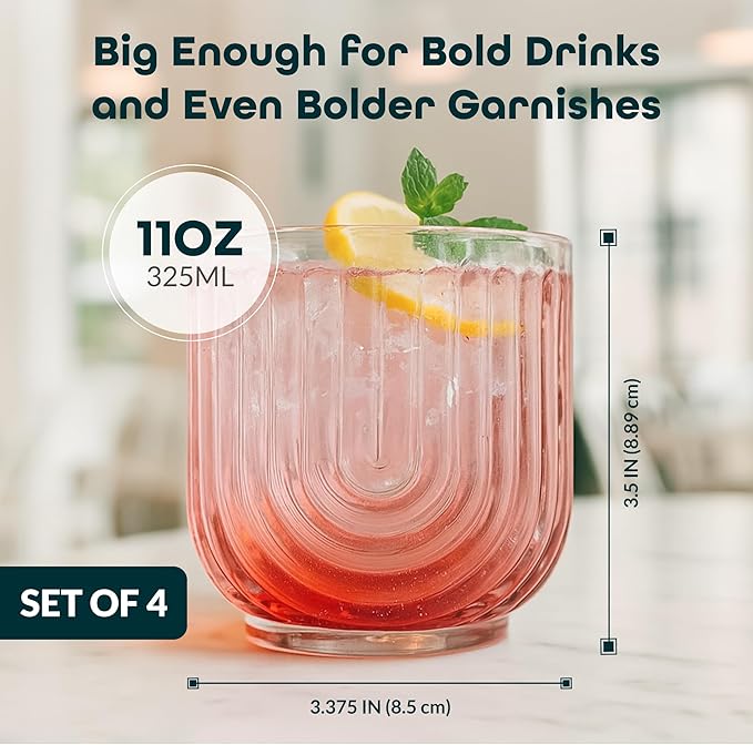 Glaver's Double Old Fashioned Rock Glasses, Set of 4 Blush Pink Whiskey Glasses, 11 oz Art Deco U-Shape Design Embossed Everyday Home Bar Glassware.