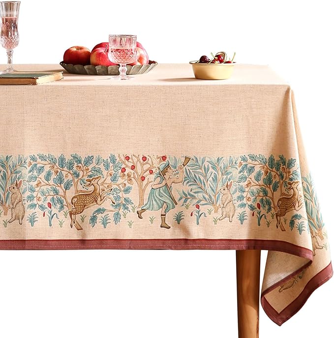 patdrea Designer Beige Tablecloth for Rectangle Tables,Vintage Elegant French Linen with Trees and Kid Pattern Table Cloth,Farmhouse Table Cover Cloth Decor for Kitchen Dining Christmas,63"*110"