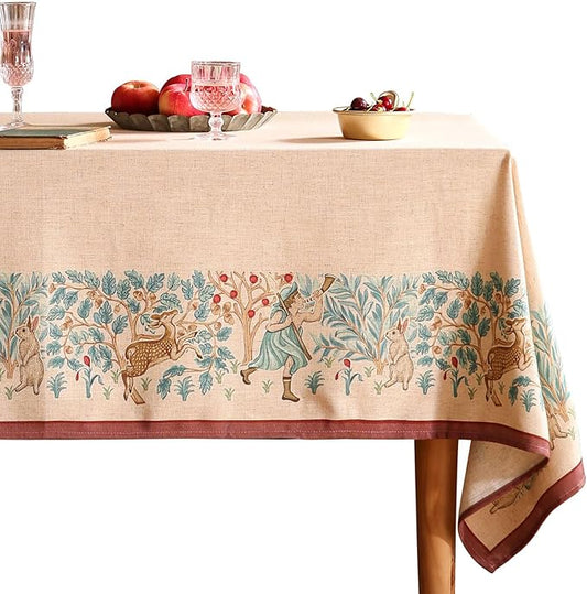 patdrea Designer Beige Tablecloth for Rectangle Tables,Vintage Elegant French Linen with Trees and Kids Pattern Table Cloth,Farmhouse Table Cover Cloth Decor for Kitchen Dining Christmas,55"*79"