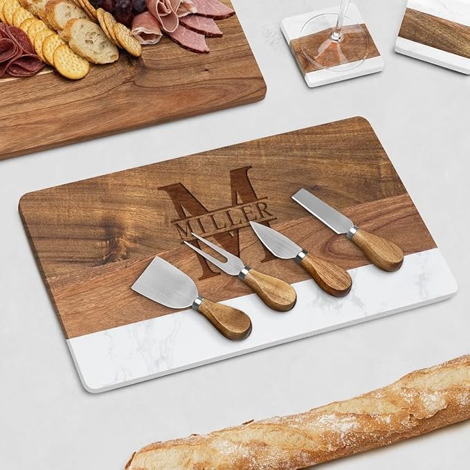 HomeWetBar Personalized Acacia Charcuterie Board With cheese Knives | Custom 16" x 9" White Marble & Acacia Wood Cheese Board | Perfect Housewarming + Wedding + Couples Gift Idea
