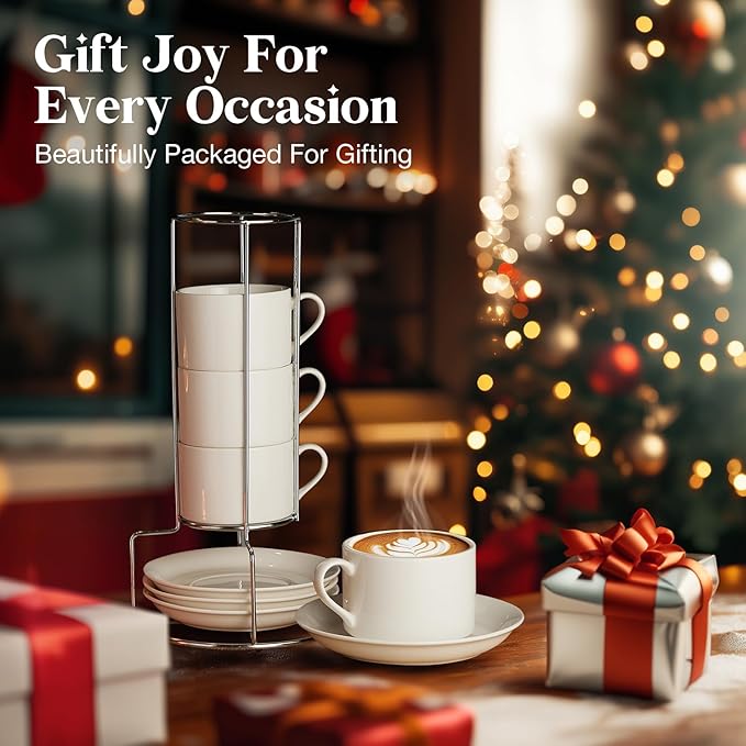 5 Ounce White Porcelain Stackable Espresso Cups with Stainless Steel Holder, Set of 4, Durable Ceramic, Perfect for Home, Office or Gift