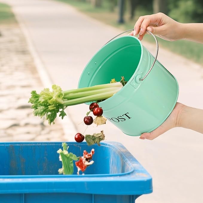 AVLA Kitchen Compost Bin, 1 Gallon Countertop Food Waste Container, Odorless Composter Bucket with Lid and Charcoal Filter, Indoor Metal Composting Pail, Mint Green