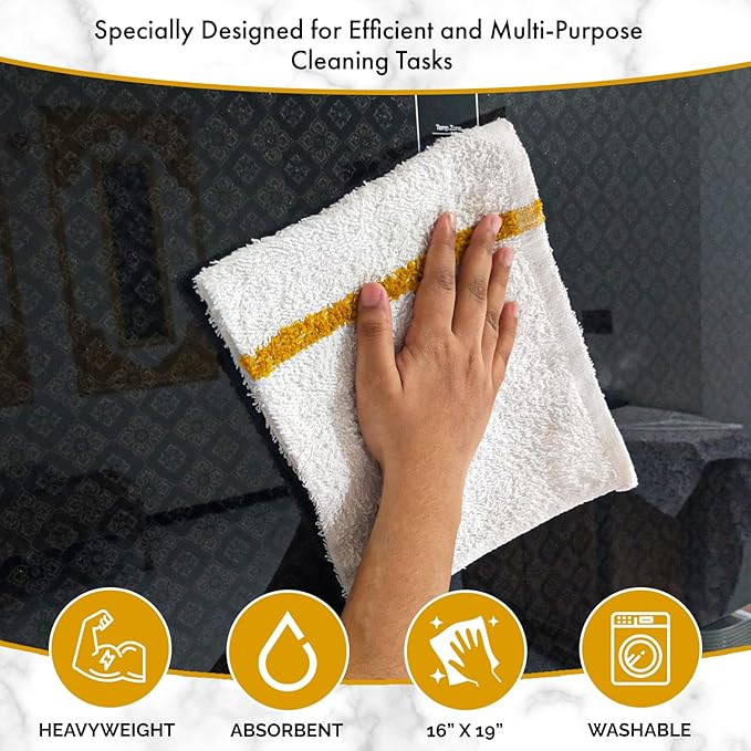 Bar Mops Gold Stripe Pack of 60 Kitchen Towels 16x19 Multi-Purpose for Home, Restaurant and Cleaning White Absorbent Washcloth Dishcloths Sets, Reusable Dish, Cloths Rags