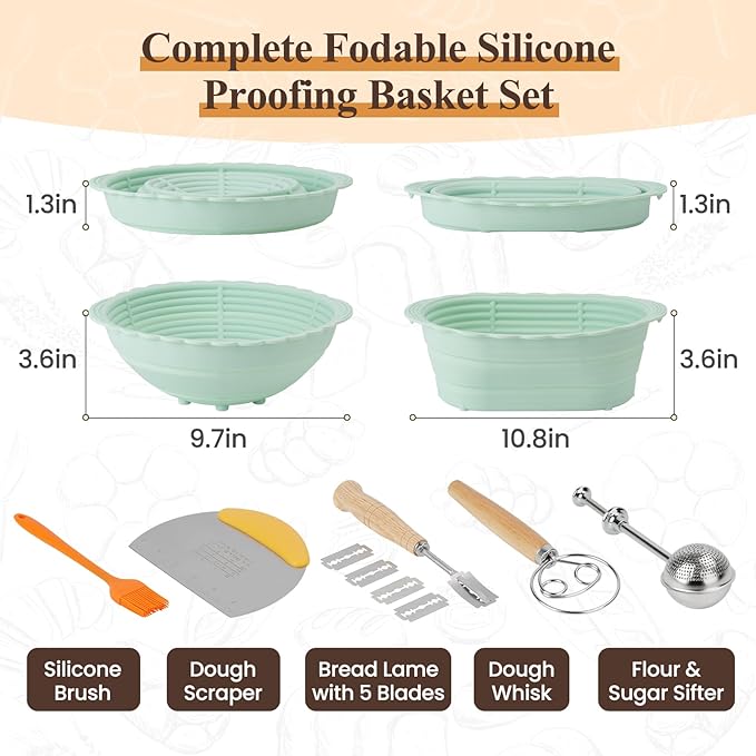 Neddie Upgraded Silicone Banneton Bread Proofing Basket, Sourdough Bread Baking Supplies Set of 2,9 Inch Round & 10 Inch Oval Foldable Sourdough Baking Baskets, Sourdough Starter Kit(Green)