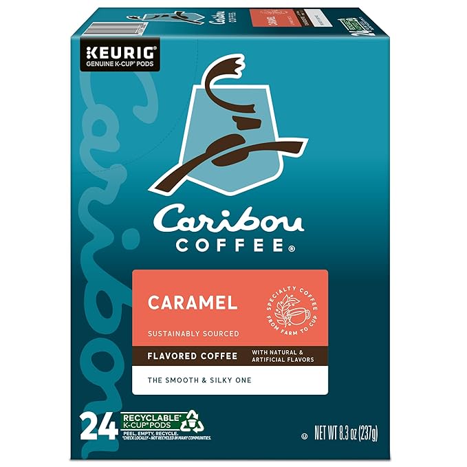 Caribou Coffee Caramel Flavored Coffee, Single Serve Keurig K-Cup Pods, Medium Roast Coffee, 96-Count Box (Pack of 4)