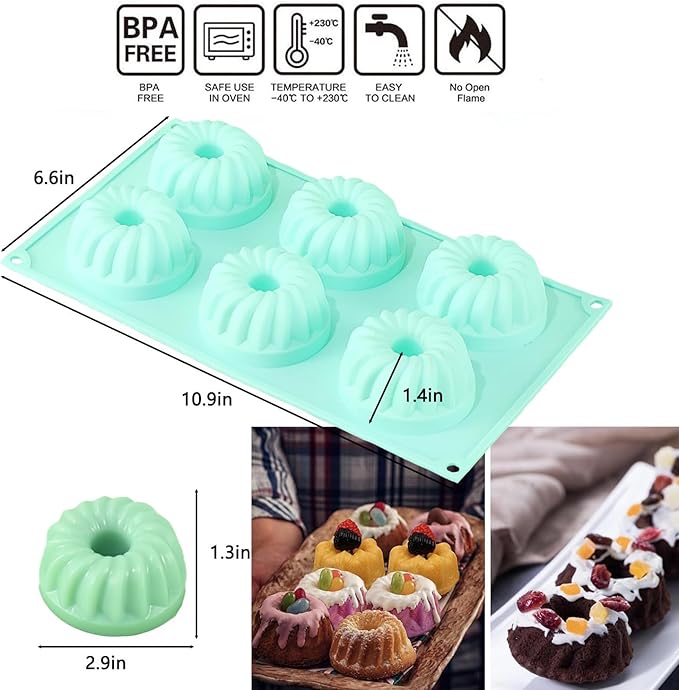3Pcs Silicone Bundt Cake Pan, 6-Cavity Nonstick Baking Molds,Mini Jello Molds Silicone,Mini Bundt Cake Pans, Cupcake Mold for chocolate, Donut, Jelly