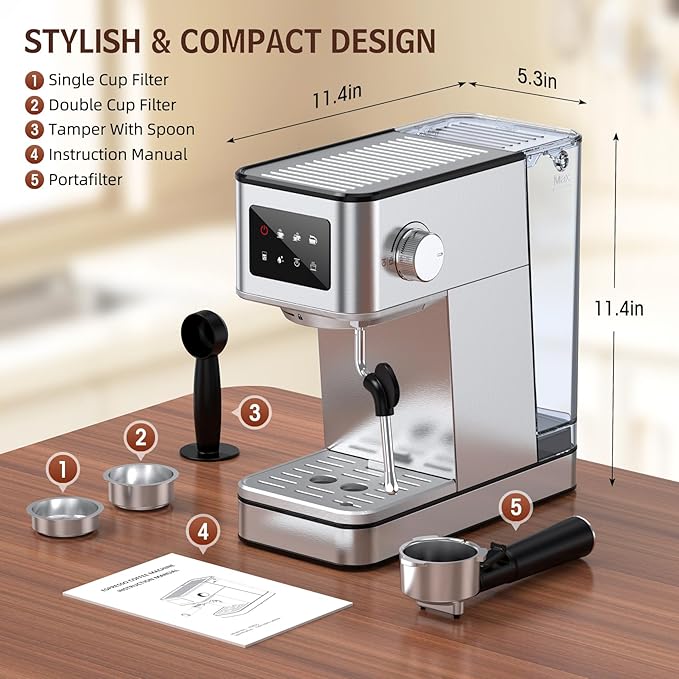 Espresso Machine with Milk Frother, 20 Bar Compact Coffee Machine with Touch Screen & 57.5oz Removable Water Tank for Home, Stainless Steel Espresso Maker for Cappuccino, Latte, Silver(updated)
