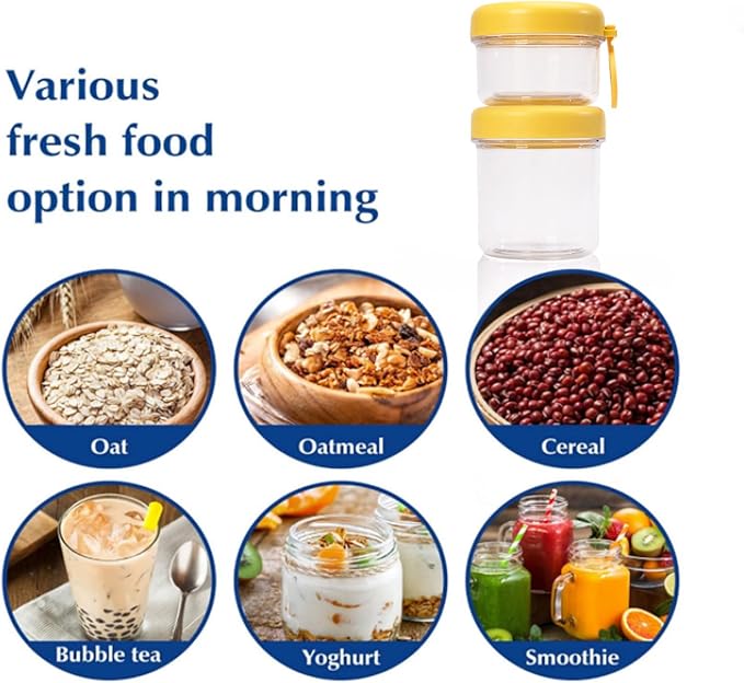 Container Food Overnight Oats Containers with Lids, Folding Spoons 26 oz Plastic Mason Jars Containers with Lids Portable Cereal and Milk Container on The Go (yellow Oatmeal Cup)