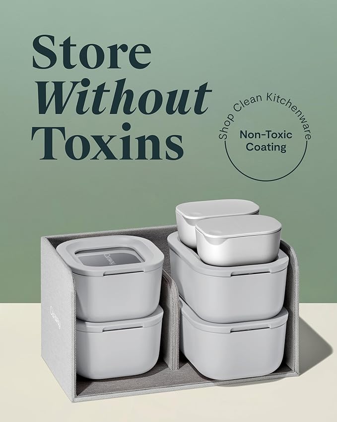 Caraway Mini Food Storage 11pc Set - Glass Storage Containers for Food - Non-Toxic Ceramic-Coated Glass - Air Release Technology - Compact & Stackable Design - Gray