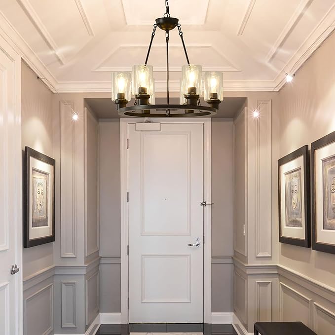 24“ Black Wagon Wheel Chandelier, 6-Light Farmhouse Glass Pendant Lights Kitchen Island Round Hanging Lighting fixtures Ceiling for Living Room, Dining Room, Kitchen Island, Entryway, Foyer