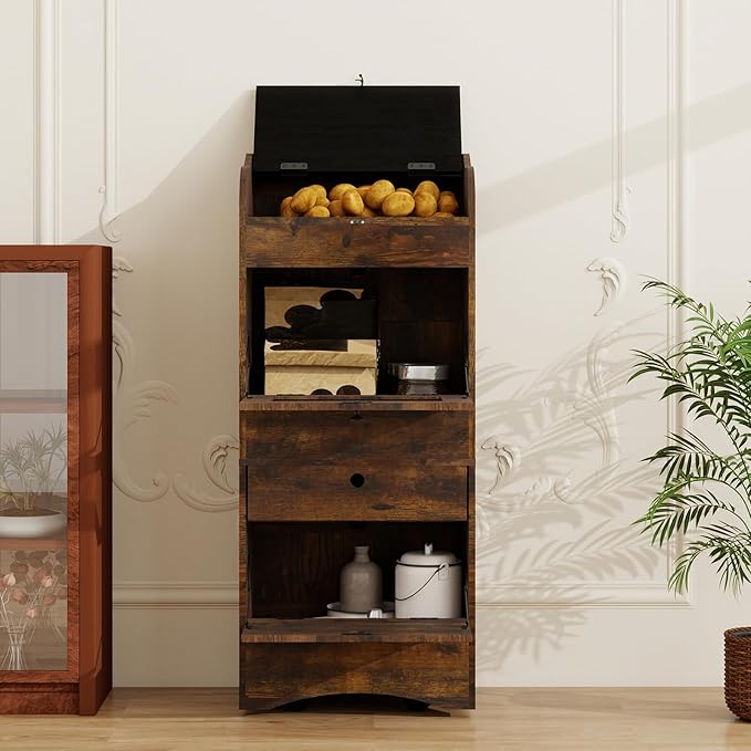 ARTETHYS Potato and Onion Storage Bin with Wheels Movable Bread Box with Lid Rustic Vegetable Organization Cabinet for Kitchen